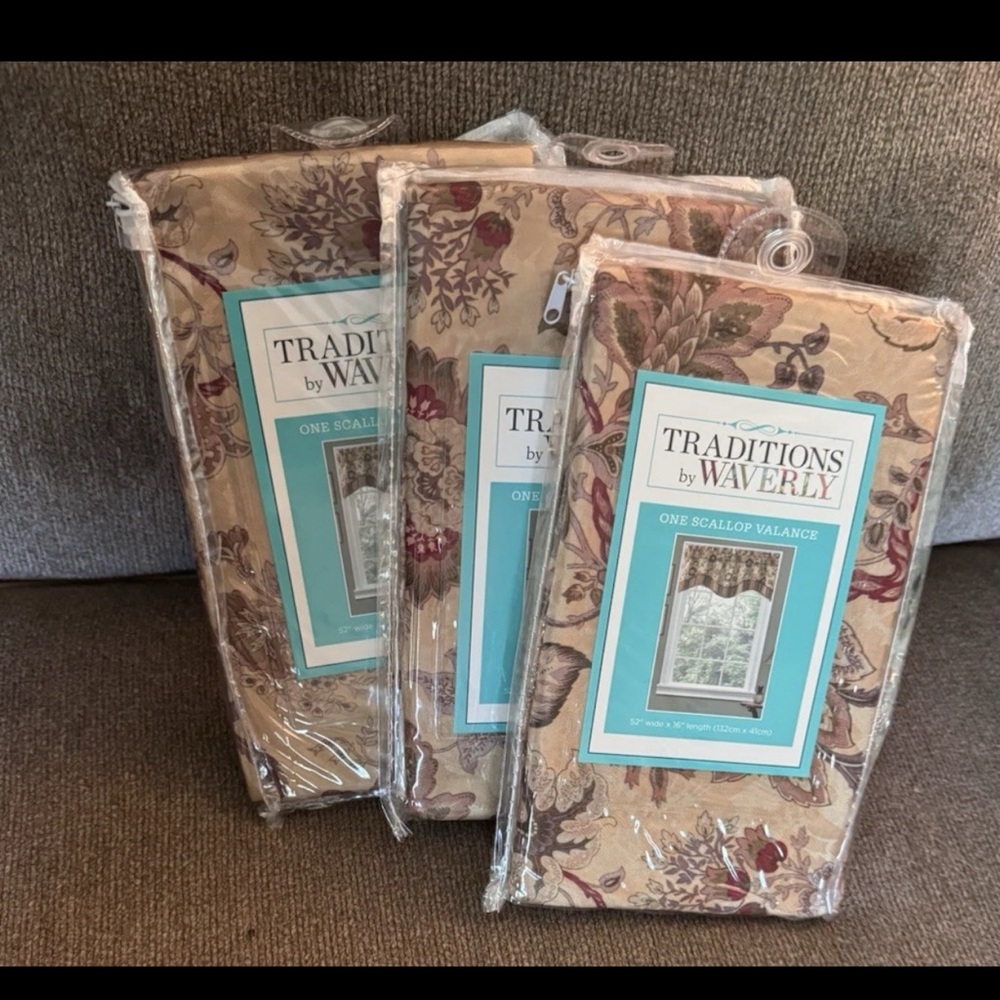 3 WAVERLY Navarra Antique Scallop Valances Rod Pocket Window Curtain Floral